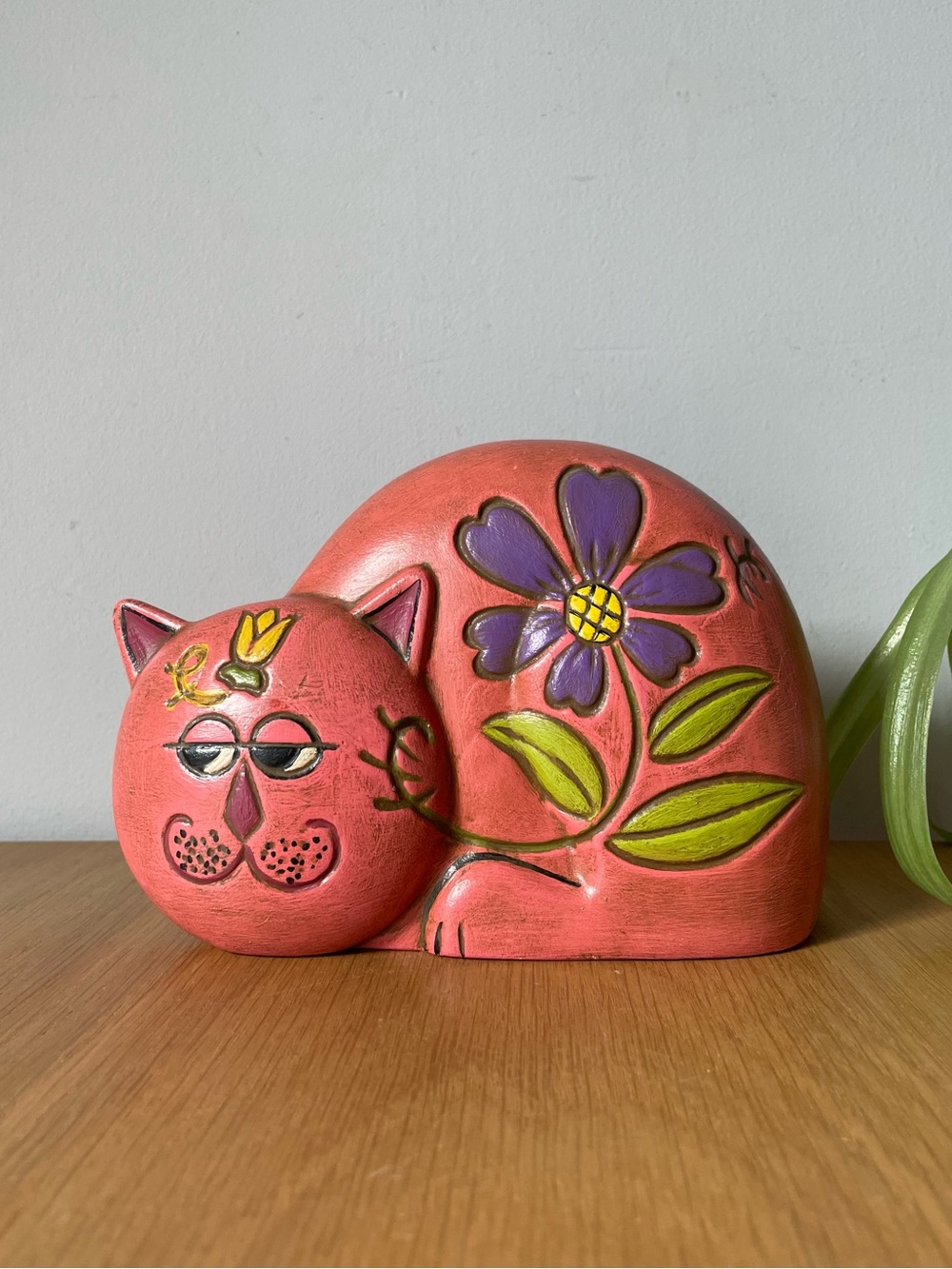 Vintage 1970s Hand Painted Ceramic Floral Cat Coin Bank Kitschy Retro Folk Art
